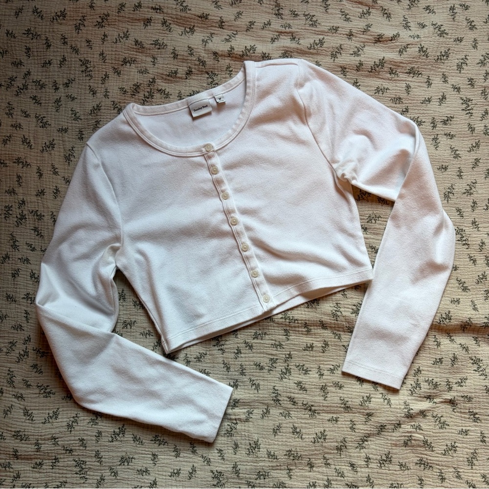 Sunday Best White Cropped Long Sleeve Button Cardigan